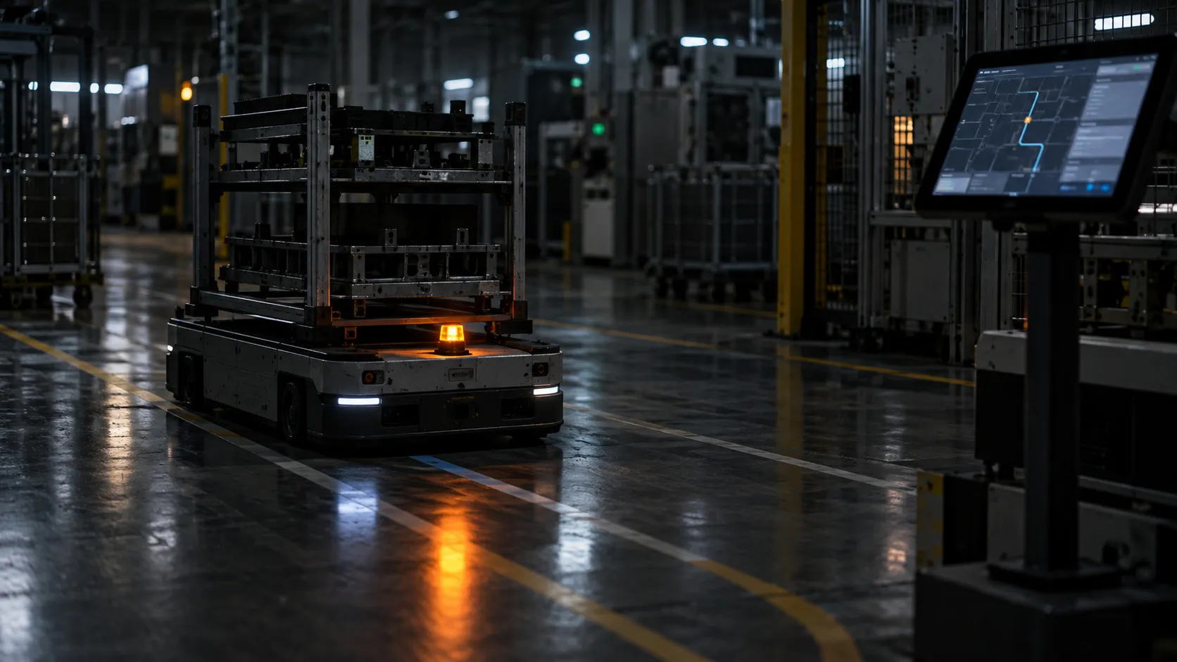 Robot AGV chở kệ hàng trong nhà máy, bên cạnh máy tính bảng của người vận hành