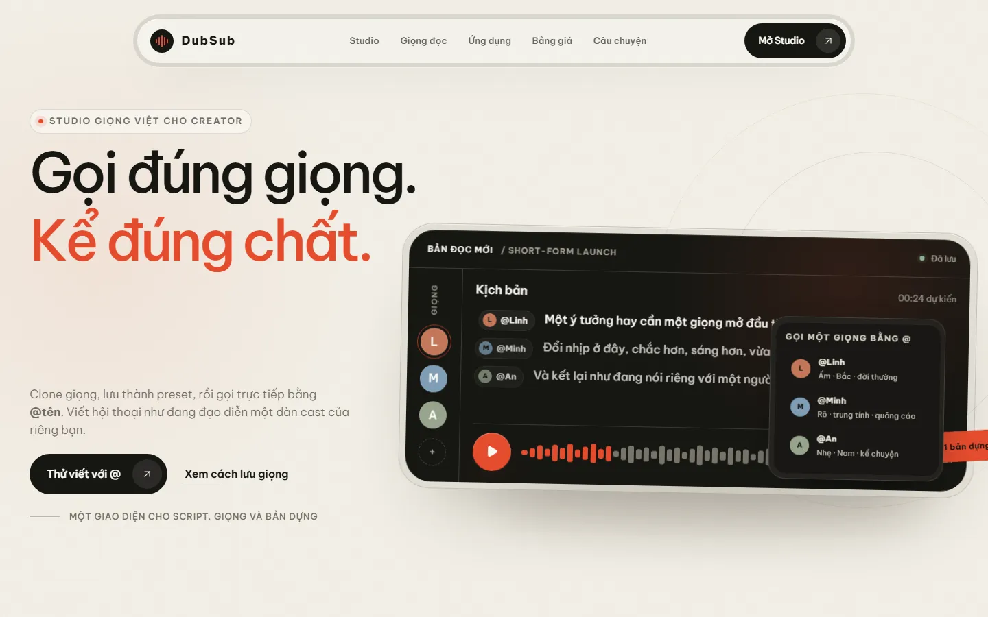 Trang chủ DubSub với trình soạn kịch bản và gọi giọng bằng @